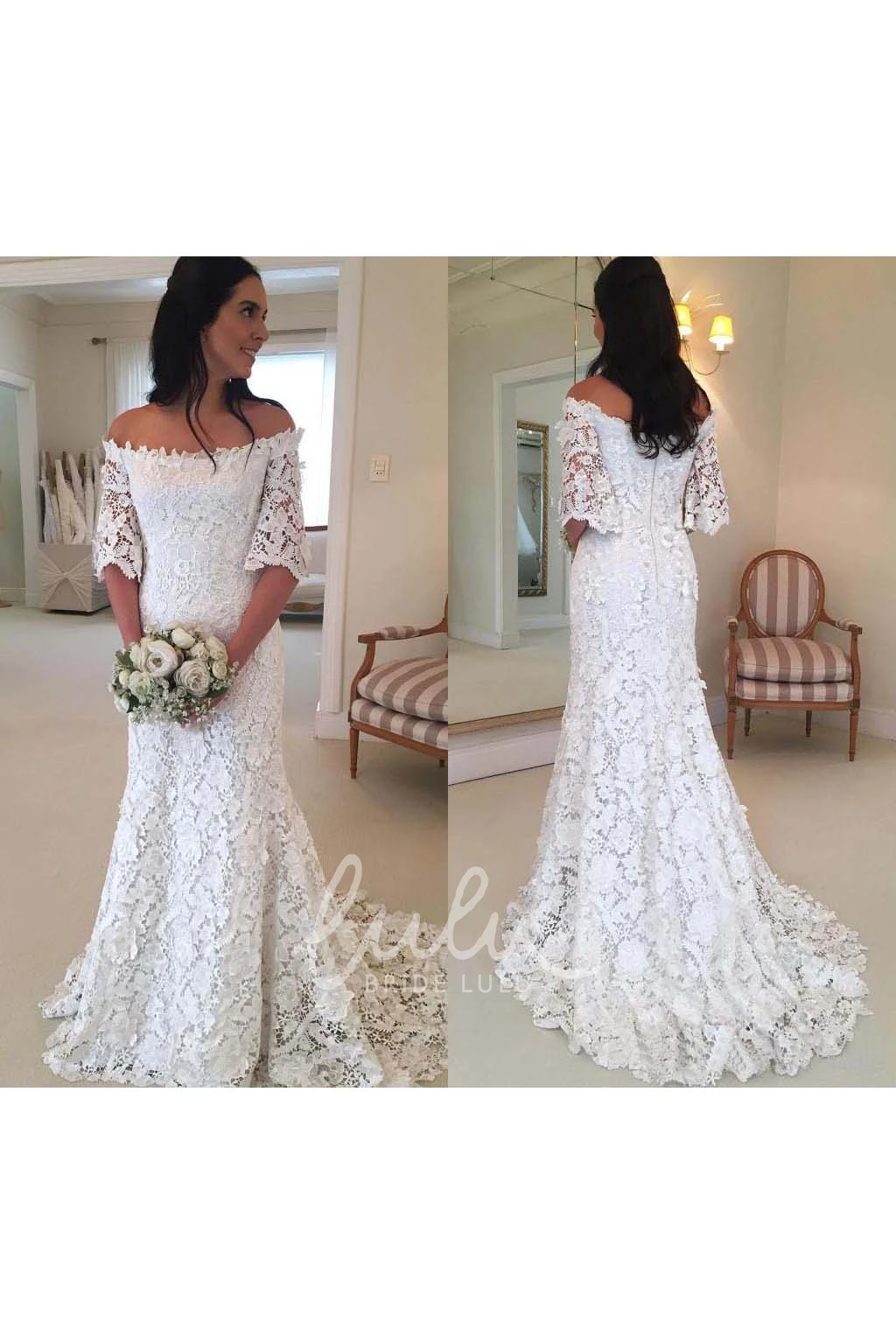 Off-shoulder Lace Sheath Wedding Dress with Zipper