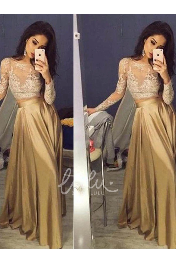 Jewel Satin Lace Illusion Long Sleeve Elegant Formal Dress