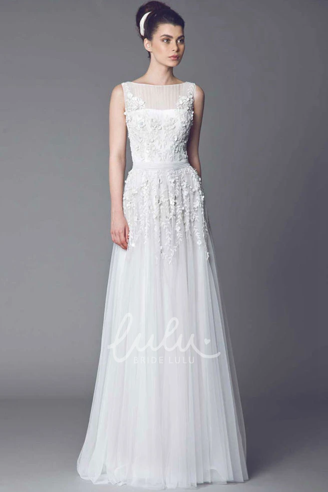 Illusion Back Tulle Wedding Dress with Pleats A-Line Sleeveless Long
