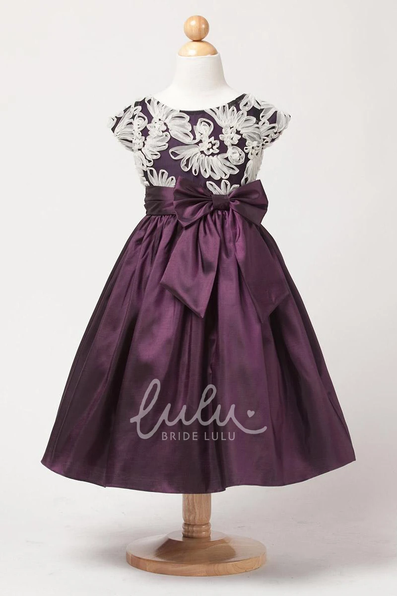 Embroidered Taffeta Bow Flower Girl Dress Classy Wedding Dress for Girls