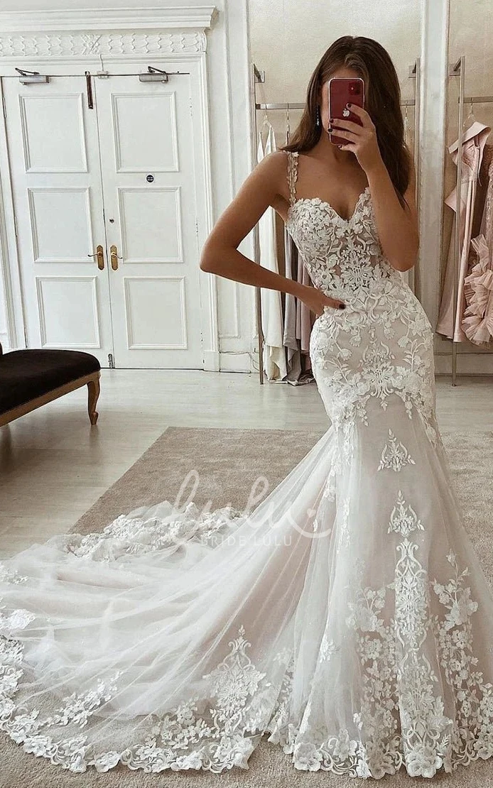 Spaghetti Strap Lace Trumpet Wedding Dress Boho Sweetheart Neckline Bridal Gown