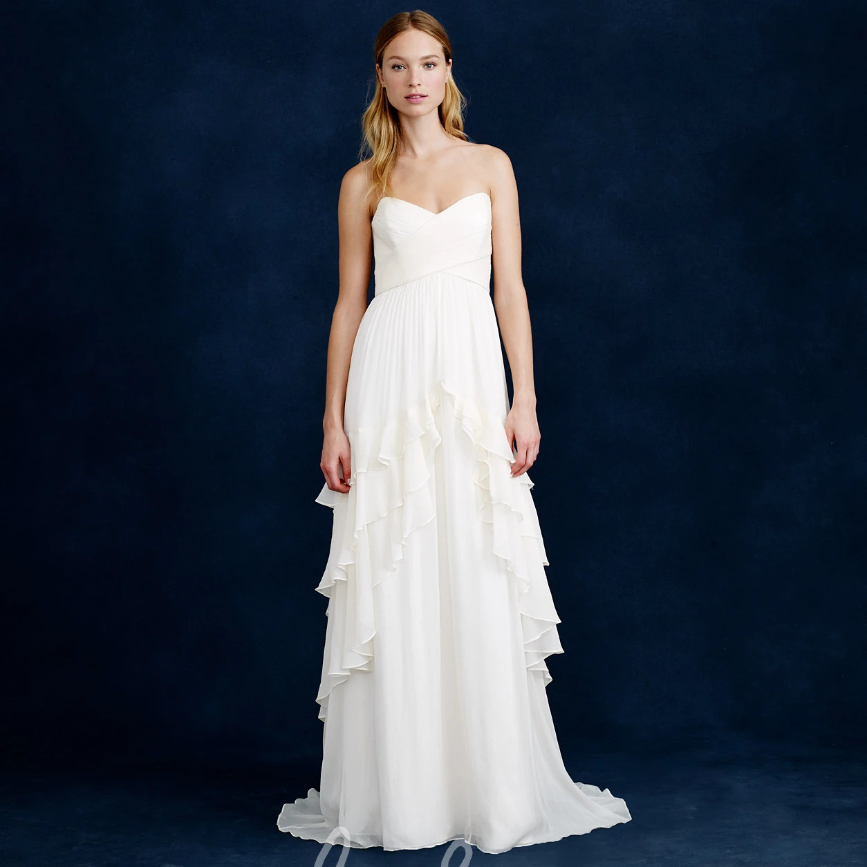 Chiffon A-Line Wedding Dress with Tiered Strapless and Long Design with Draping