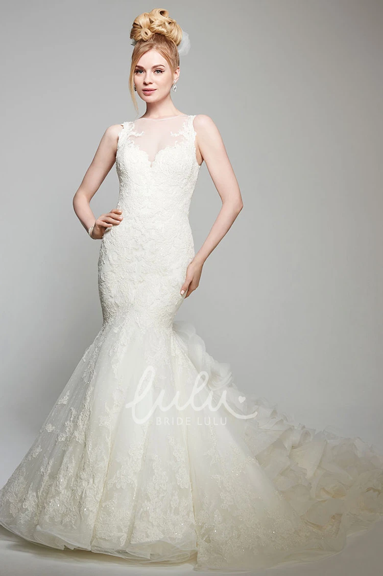 Jewel Lace Mermaid Wedding Dress with Illusion Back Sleeveless Appliqued Dress