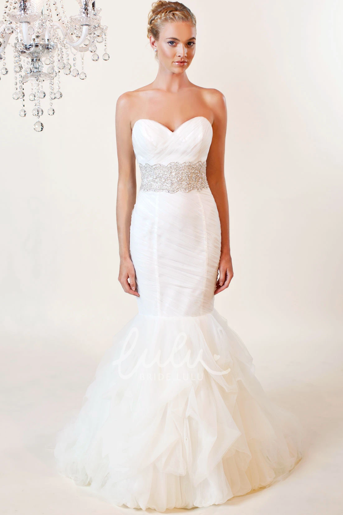 Jeweled Tulle Mermaid Wedding Dress with Ruffles and Sweetheart Neckline