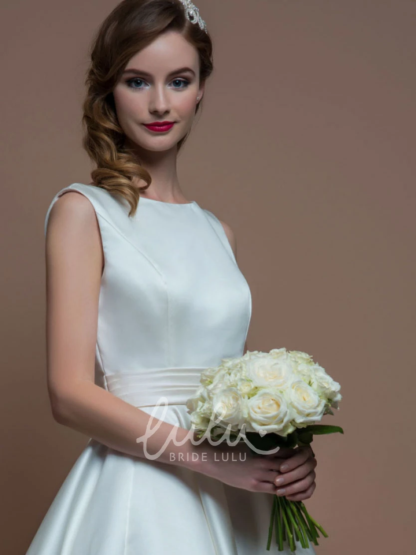 Jewel-Neck Satin Tea-Length Wedding Dress with Sleeveless A-Line and V Back