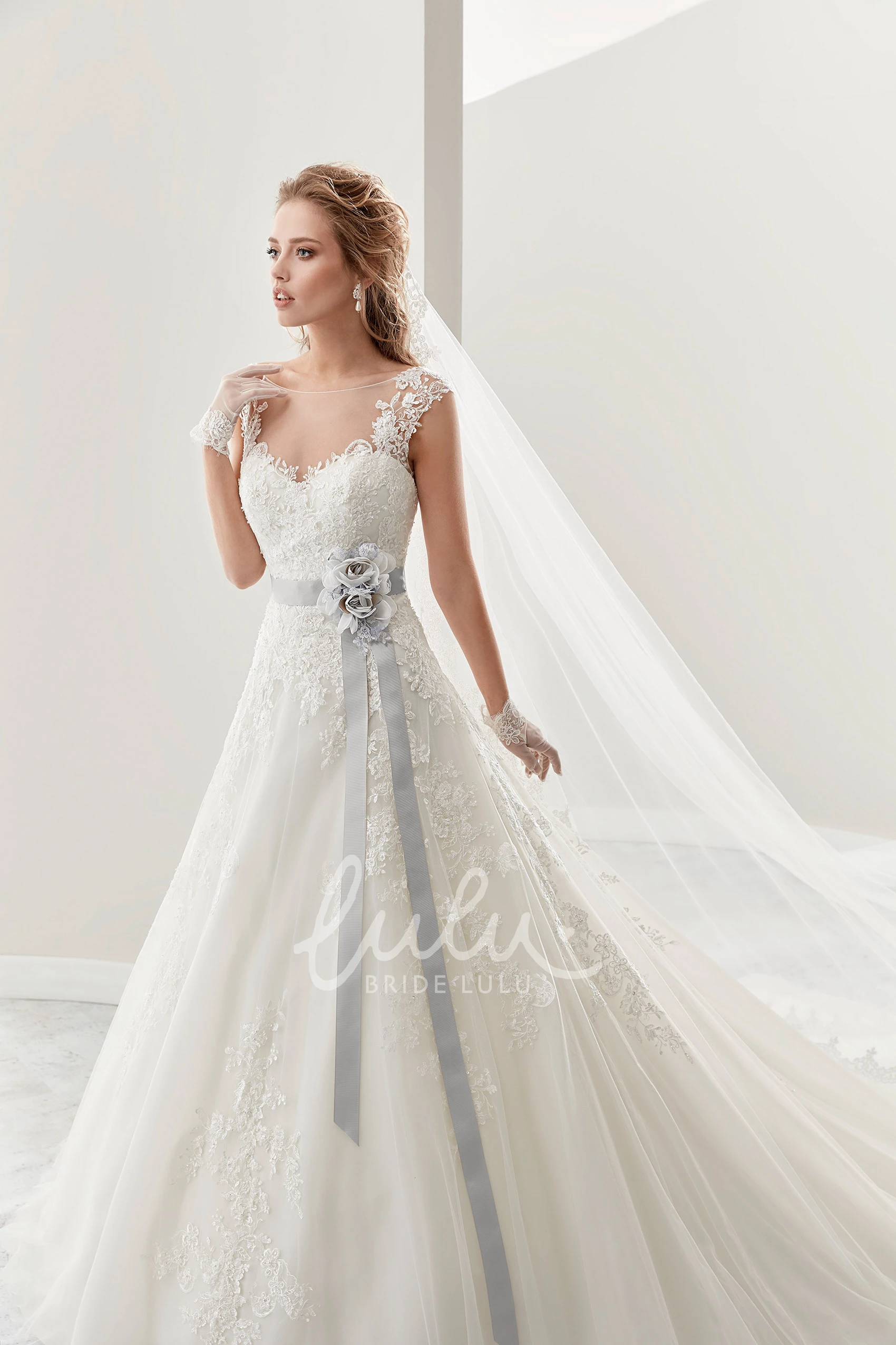 Lace Cap Sleeve Wedding Dress with Flower Satin Sash and Open Back