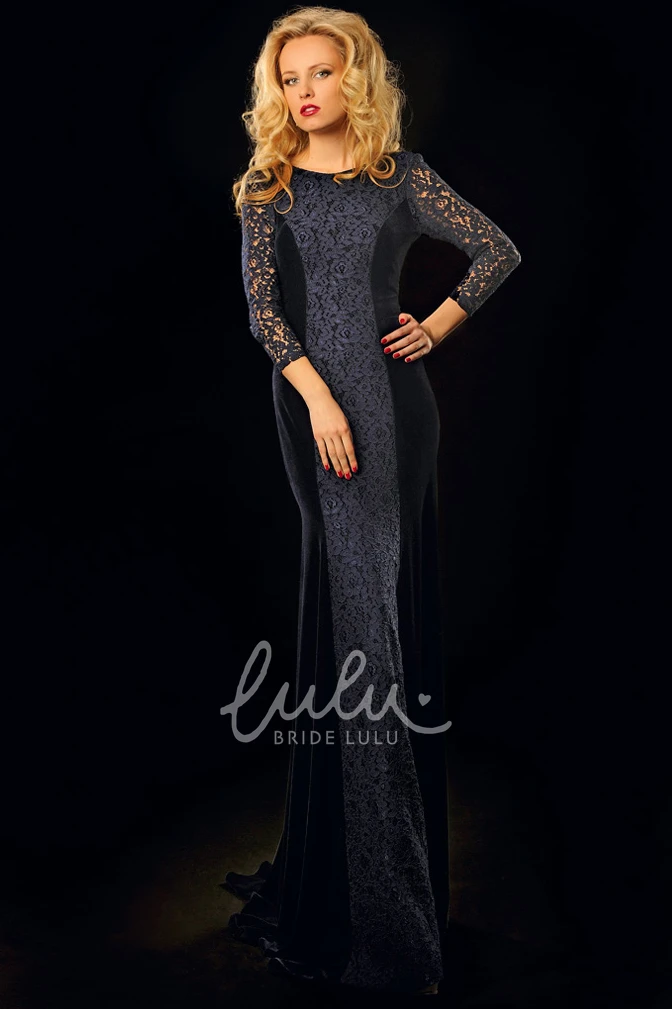Long Lace Sheath Prom Dress with 3-4 Sleeves and Scoop Neck