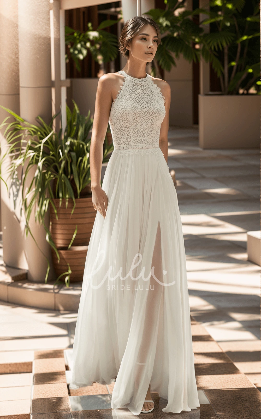 Ethereal Beach A-Line Jewel Neck Pleats Chiffon Lace Warm Wedding Dress Vintage Elegant Split Front Sleeveless Floor-length Bridal Gown with Button Back