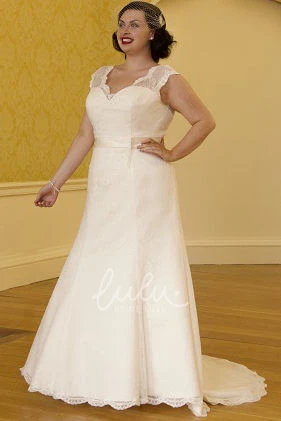 Scalloped V-Neck Lace Bridal Gown with Cap Sleeves and Satin Sash