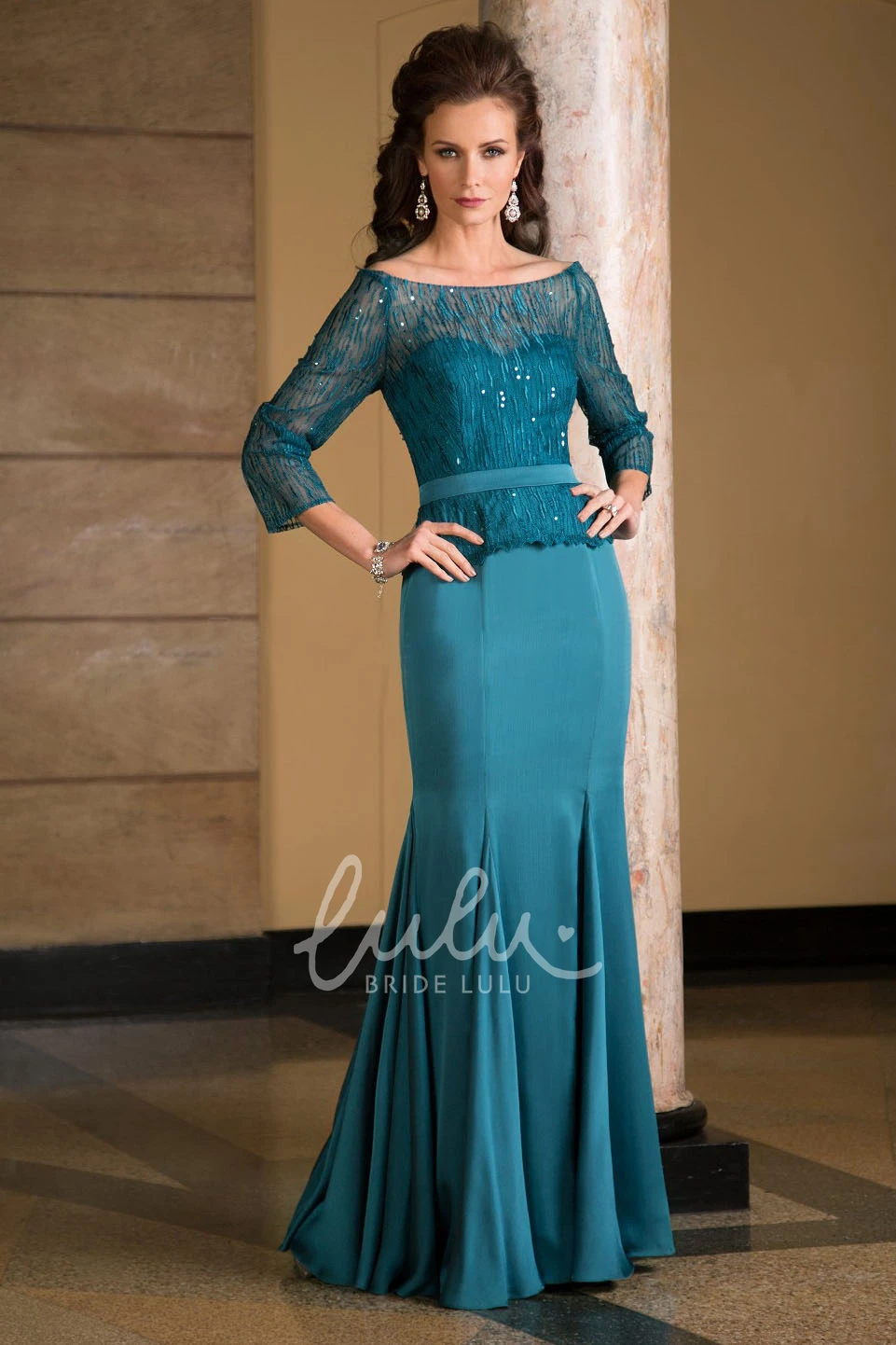 Mermaid Mother Of The Bride Dress with Jewels and Pleats in 3-4 Sleeves