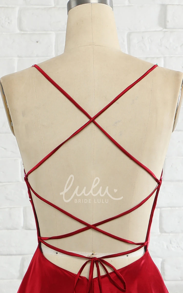 Satin V-Neck Sleeveless Bridesmaid Dress Elegant A-Line Brush Train Evening Gown with Criss Cross