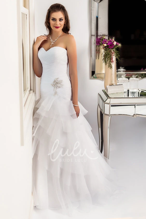 Ruched Sweetheart Tulle Floor-Length Wedding Dress with Beading and Tiers Classic Bridal Gown