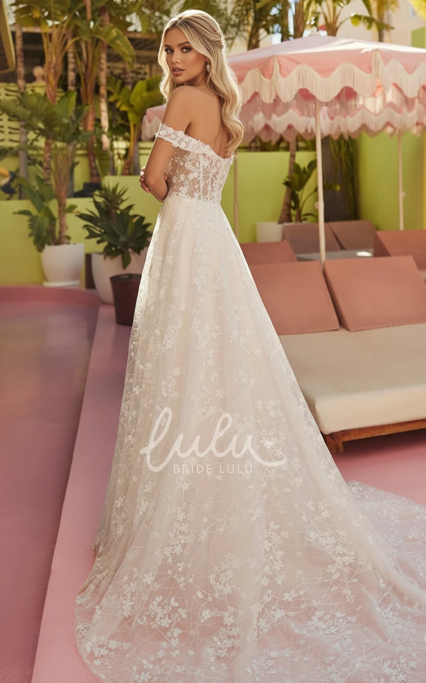 Boho Lace Wedding Dress A Line Off Shoulder Illusion Corset Floral Lace Bridal Gown