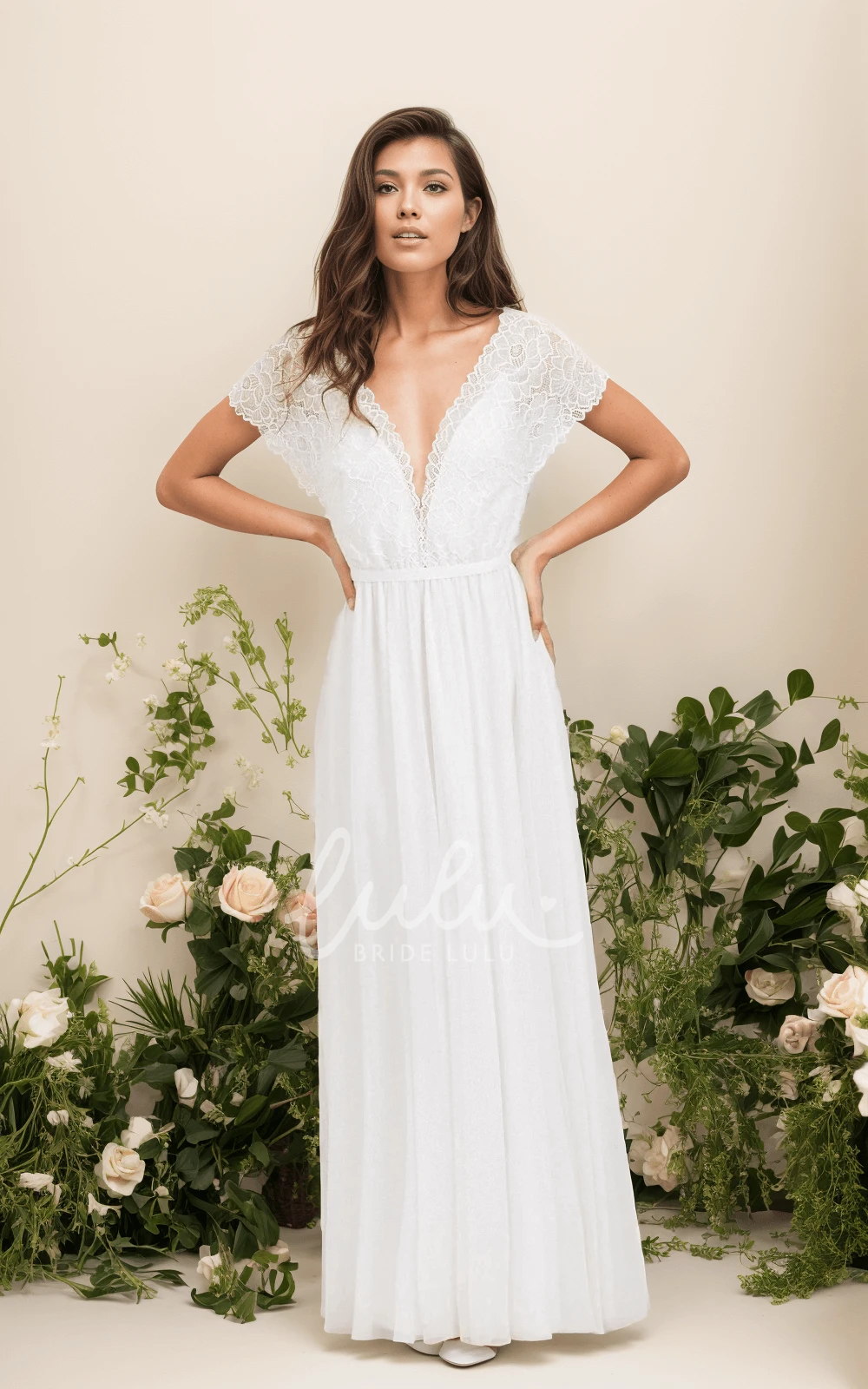 Bohemian Lace Short Sleeve Sexy Plunging Neckline A-Line Floor-length Wedding Dress with Ribbon Deep-V Back