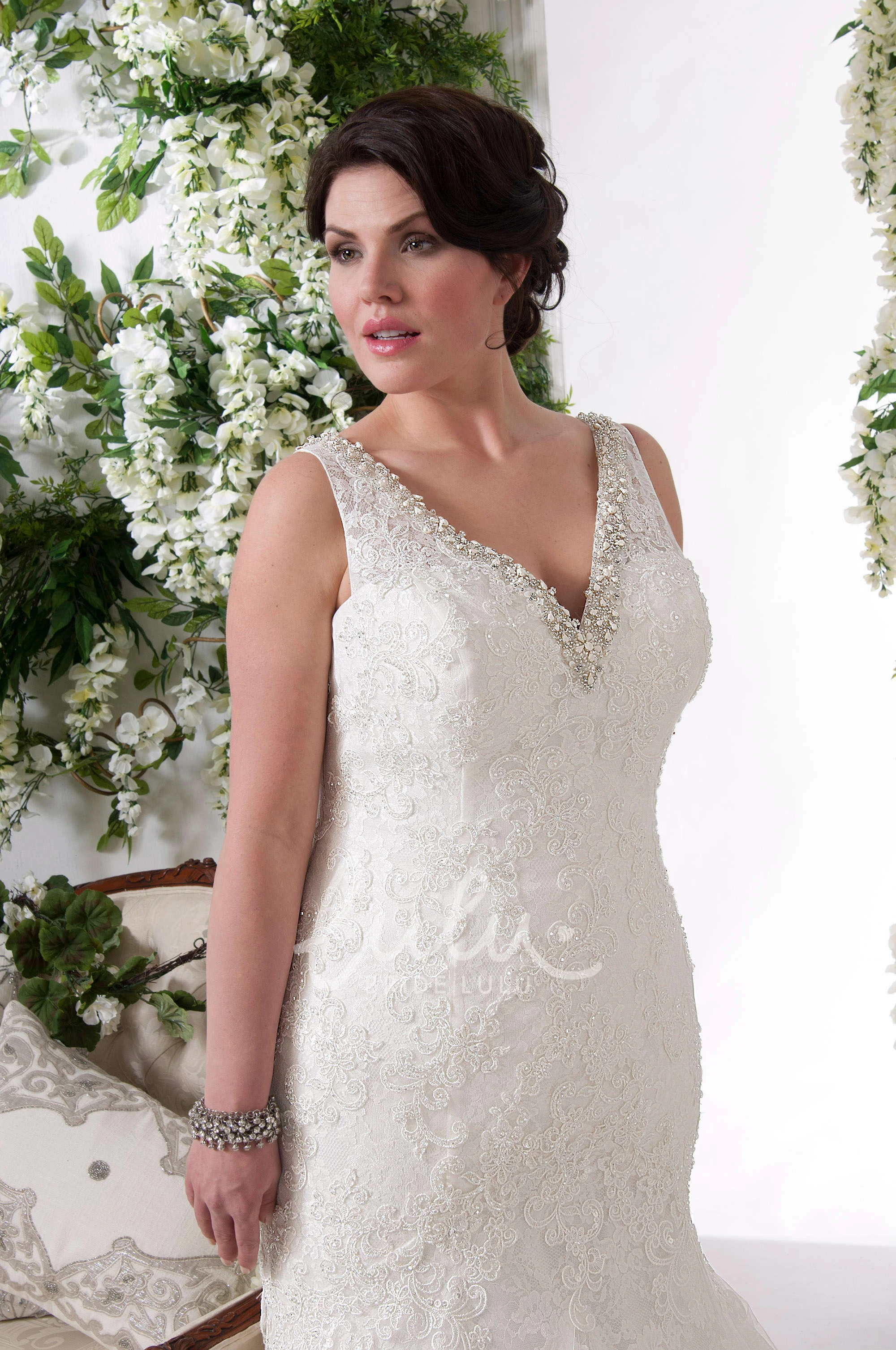 Beaded V-Neck Appliqued Lace Plus Size Wedding Dress