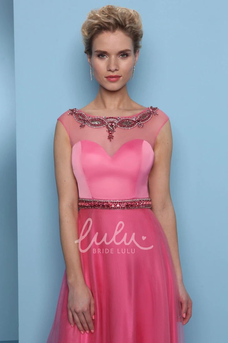 Long A-Line Prom Dress with Scoop-Neck Beaded Tulle & Satin and Waist Jewellery