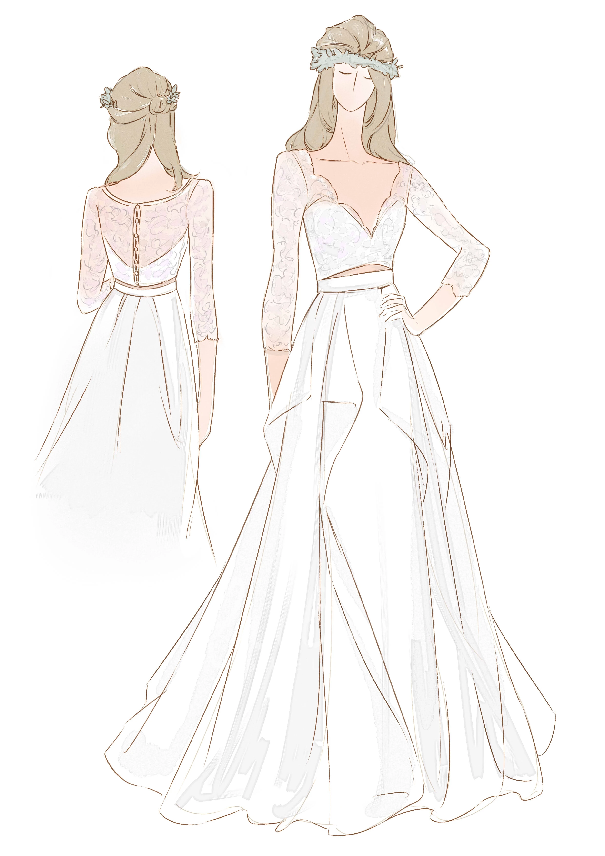 Two Piece Lace Wedding Dress with Ruching V-neck and Sweep Brush Train