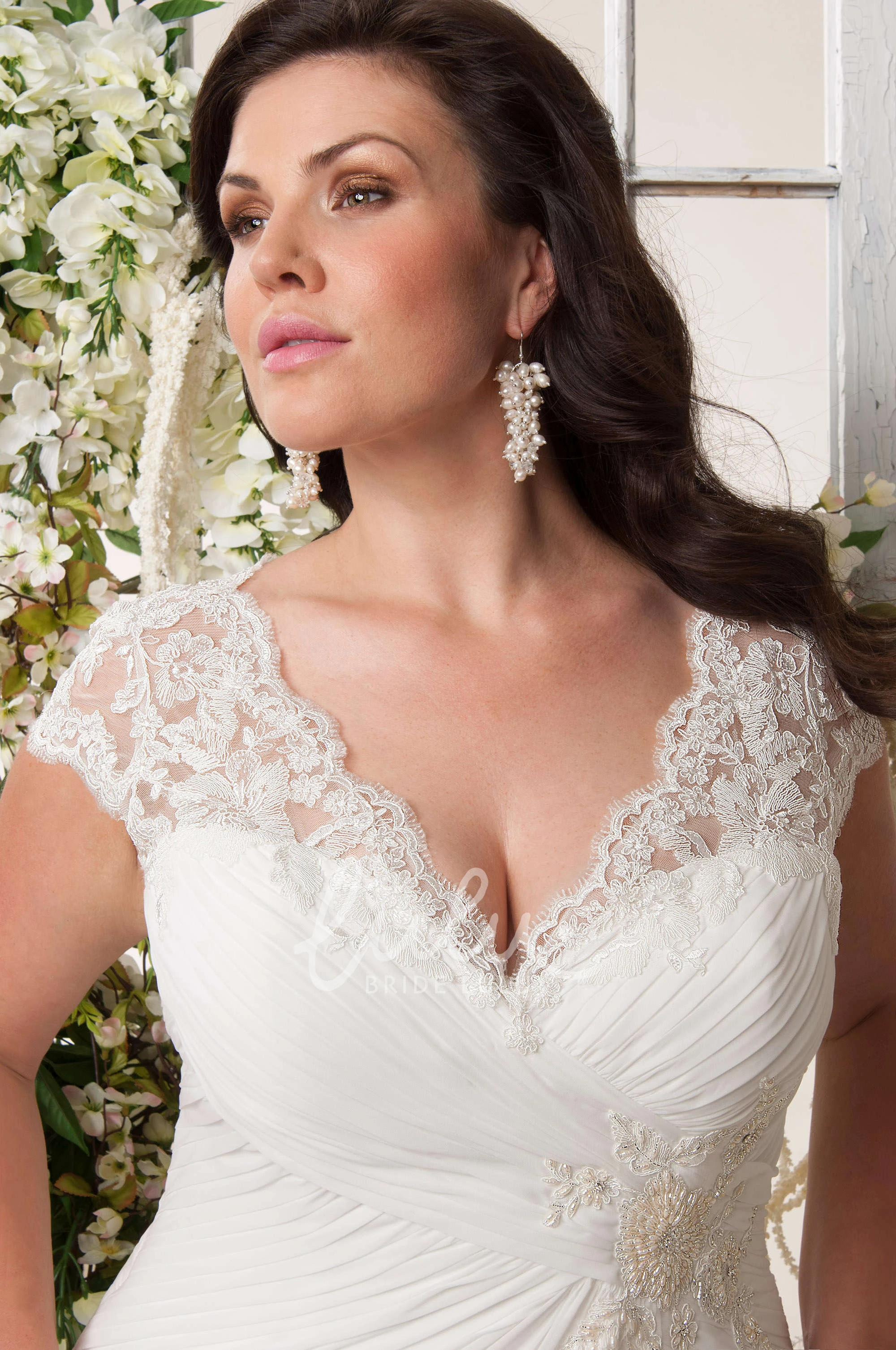 Chiffon Cap-Sleeve V-Neck Plus Size Wedding Dress with Ruching and Keyhole Flowy Wedding Dress
