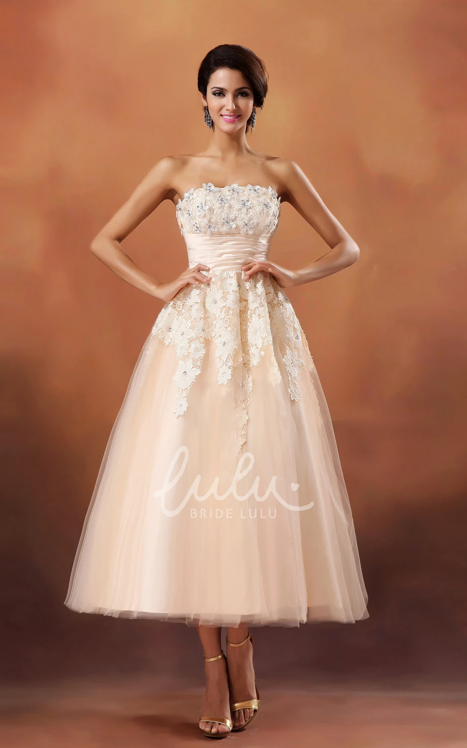 Lace Applique Cinched-Waist Tea-Length Dress for Women