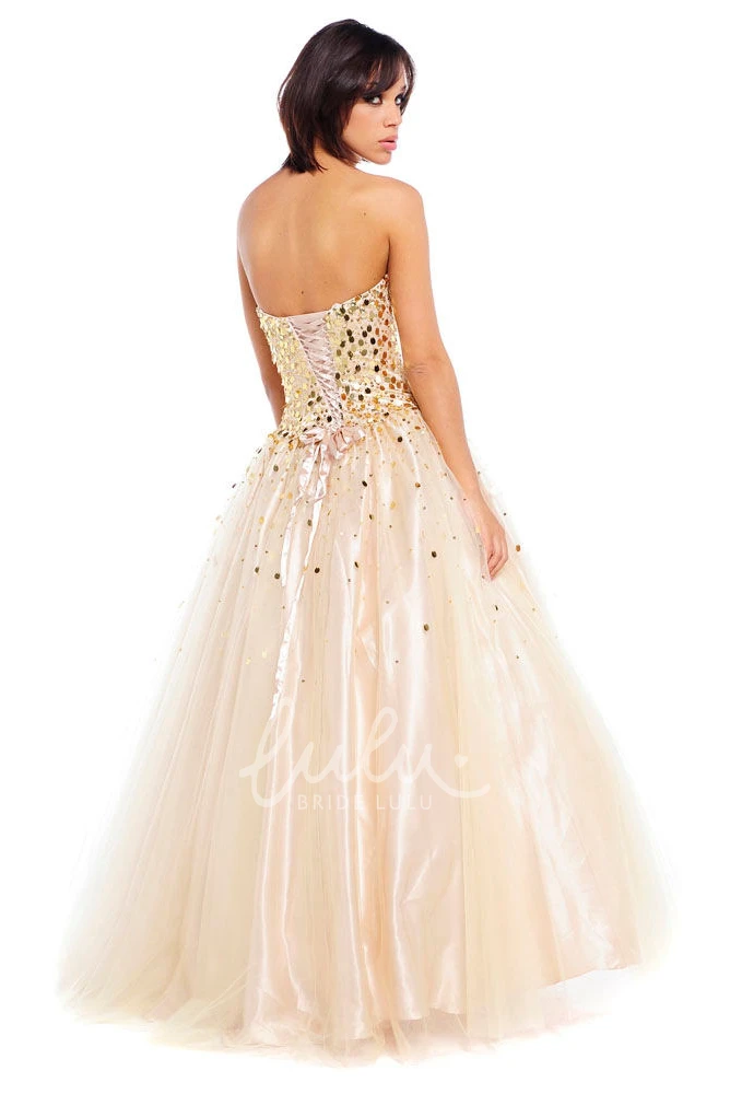 Beaded A-Line Strapless Satin Prom Dress with Lace-Up Back and Bow Floor Length