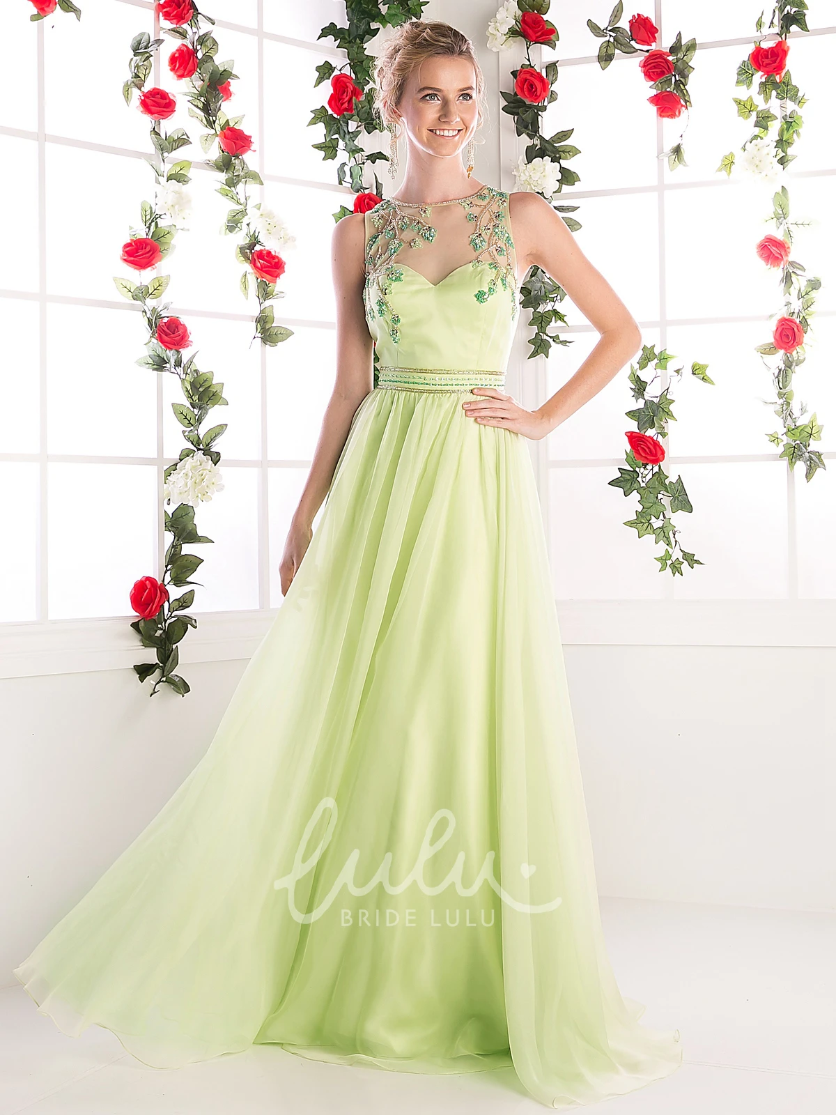 Sleeveless Scoop-Neck Sheath Chiffon Bridesmaid Dress with Illusion and Beading