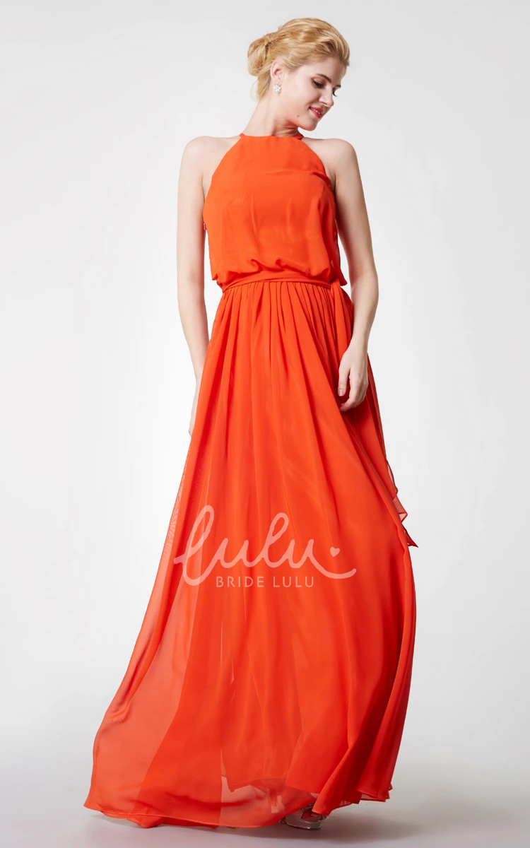 Long Chiffon Halter Bridesmaid Dress with Flowy Skirt