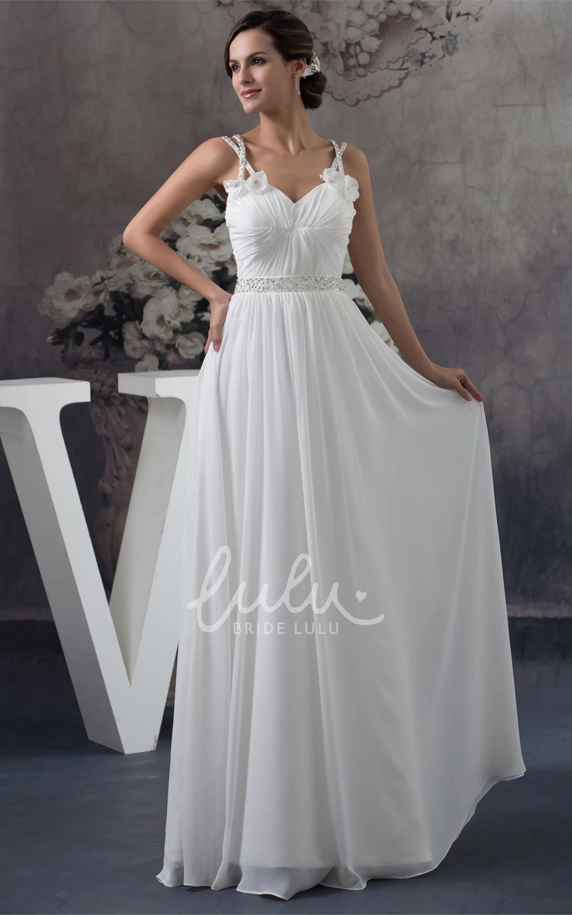 Crystal Detailing Chiffon Wedding Gown Sleeveless Floor-Length Straps Modern