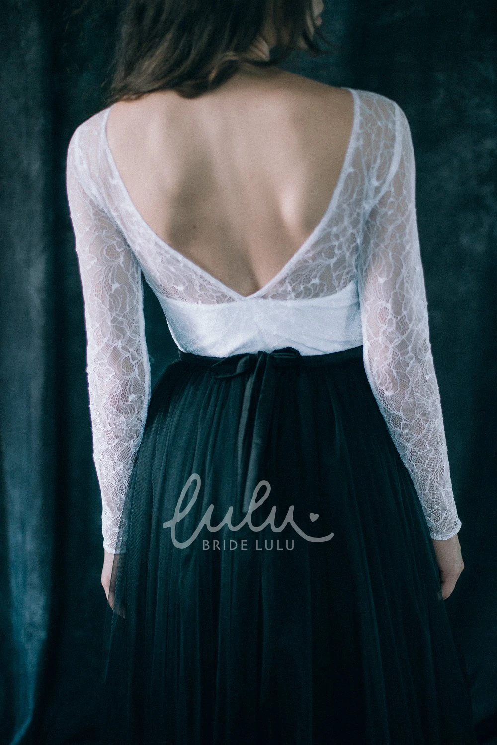 Black Pleated Lace Sheath Wedding Dress Bateau Deep-V Back Long Sleeve Floor-length