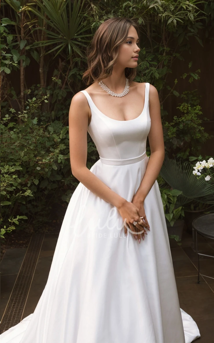 Solid Scoop Neck A-Line Straps Satin Wedding Dress Floor-length Sleeveless Button Back Bridal Gown