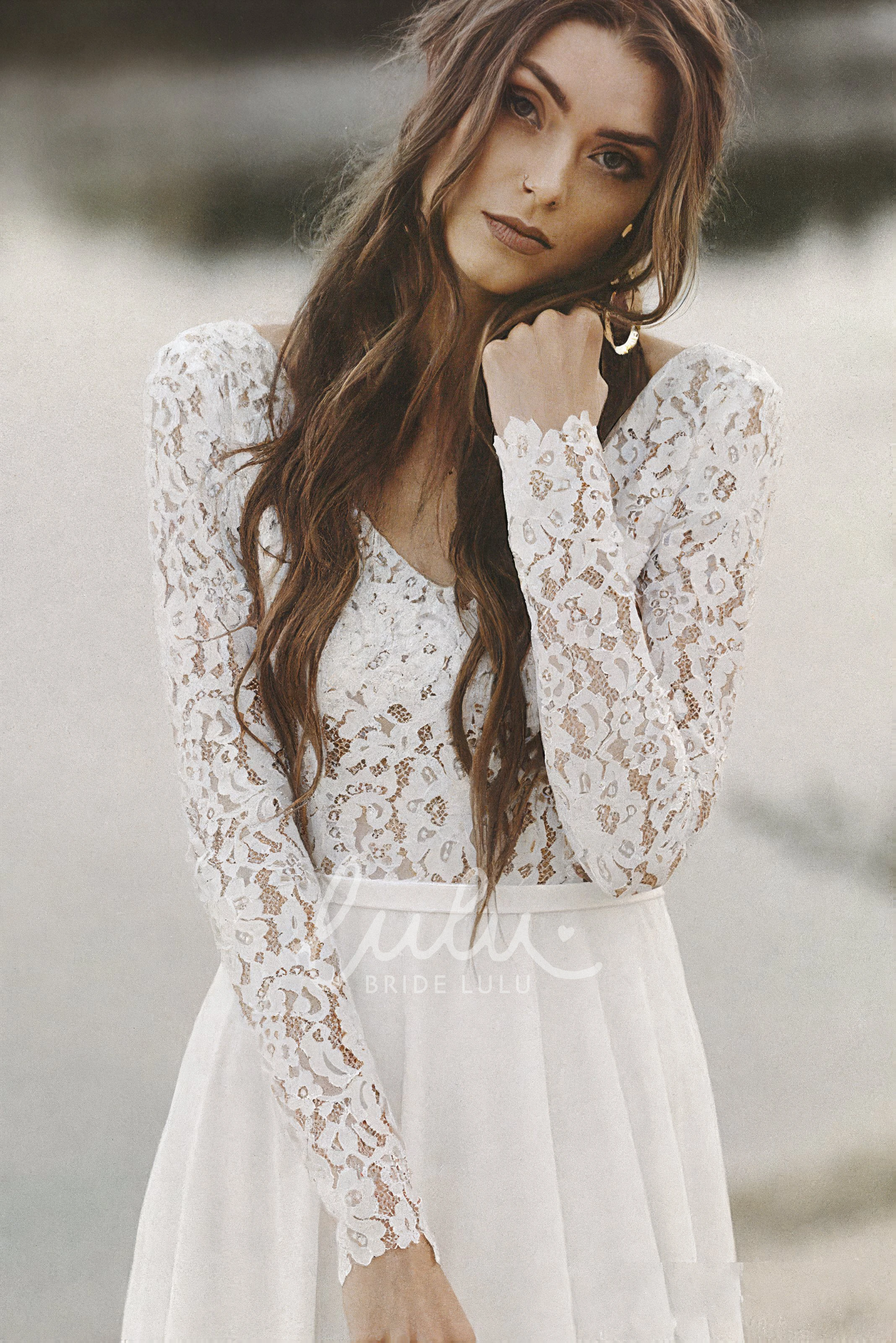 A-line V-neck Wedding Dress with Long Lace Sleeves and Simple Elegance