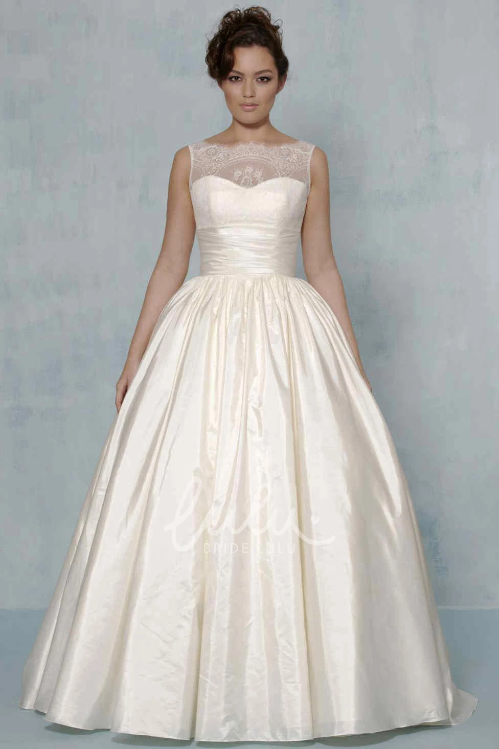 Sleeveless Satin&Lace Ball Gown Wedding Dress with Bateau-Neck
