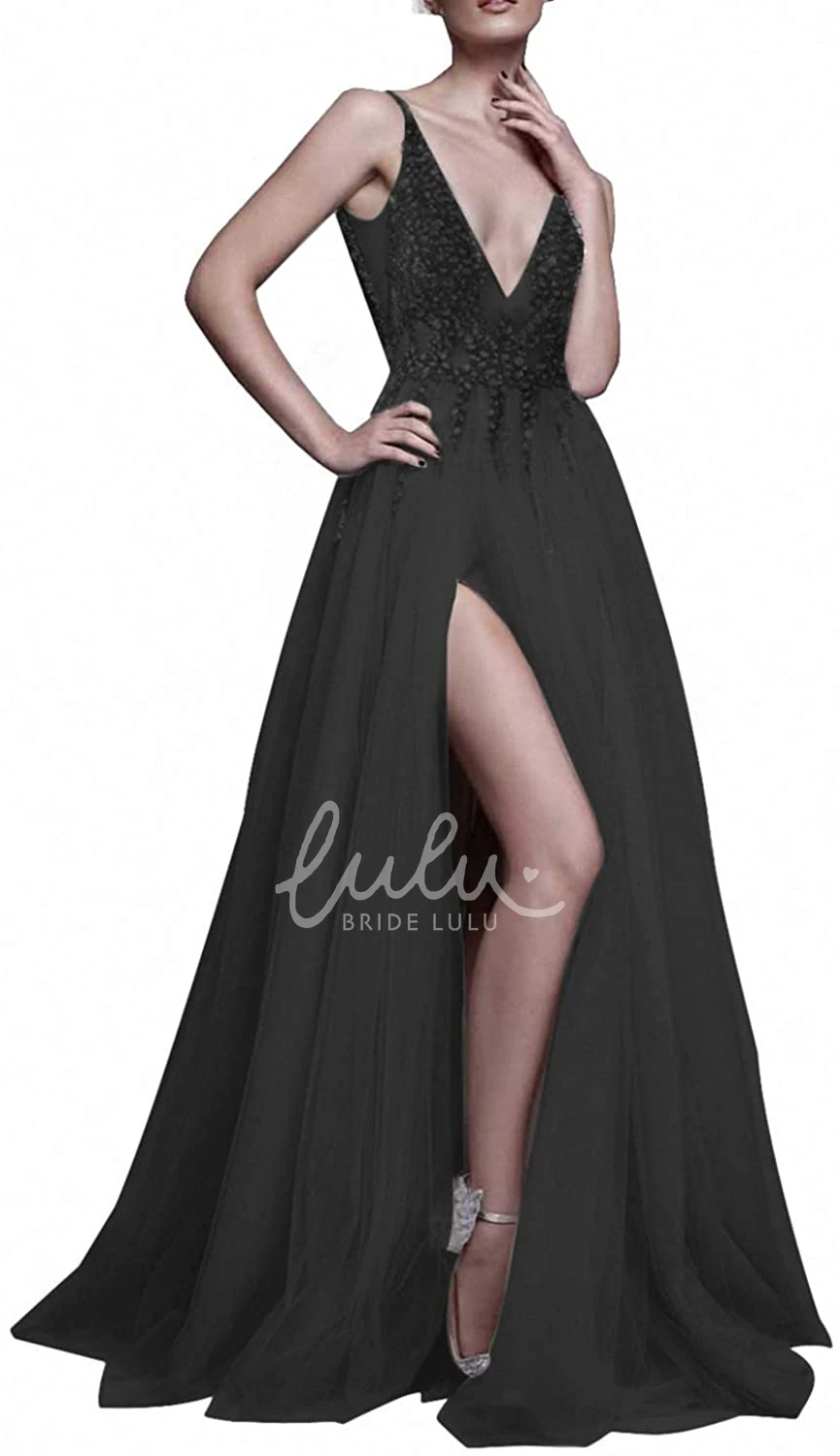 Sleeveless V-neck Tulle A-line Prom Dress with Beading Glamorous