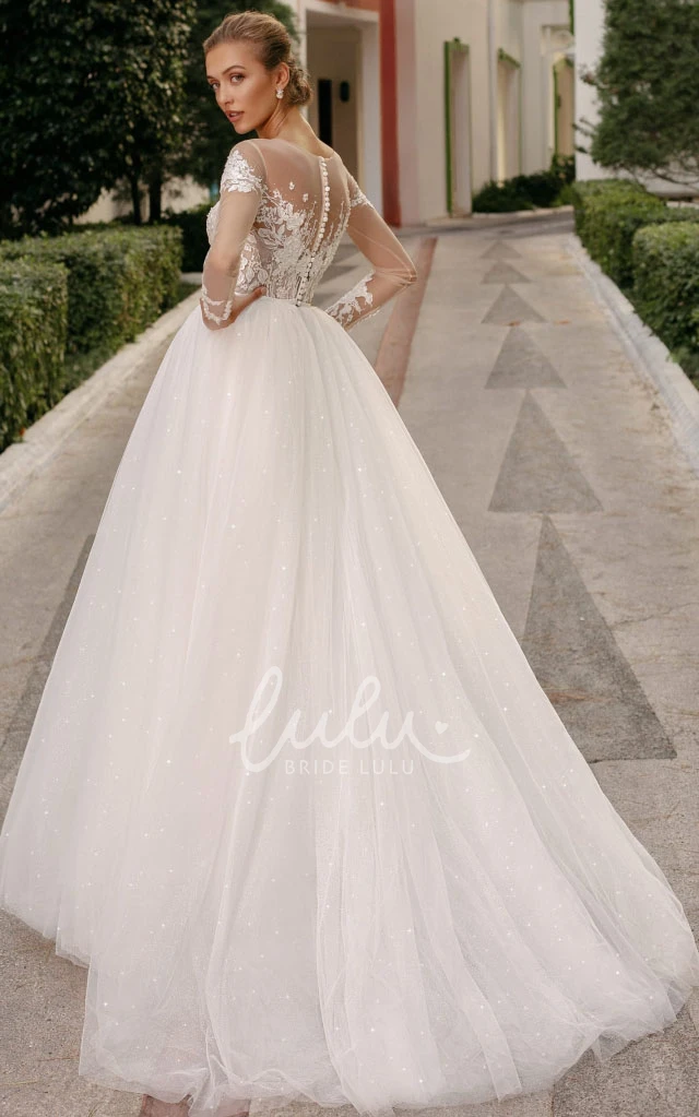 Lace Ball Gown Wedding Dress with Appliques and Button Back Simple Wedding Dress with Jewel Neckline