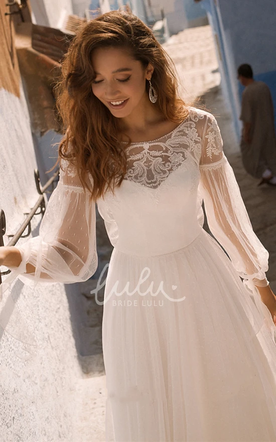 Bohemian Bateau A Line Lace Wedding Dress with Ruching Unique Sweep Train Boho