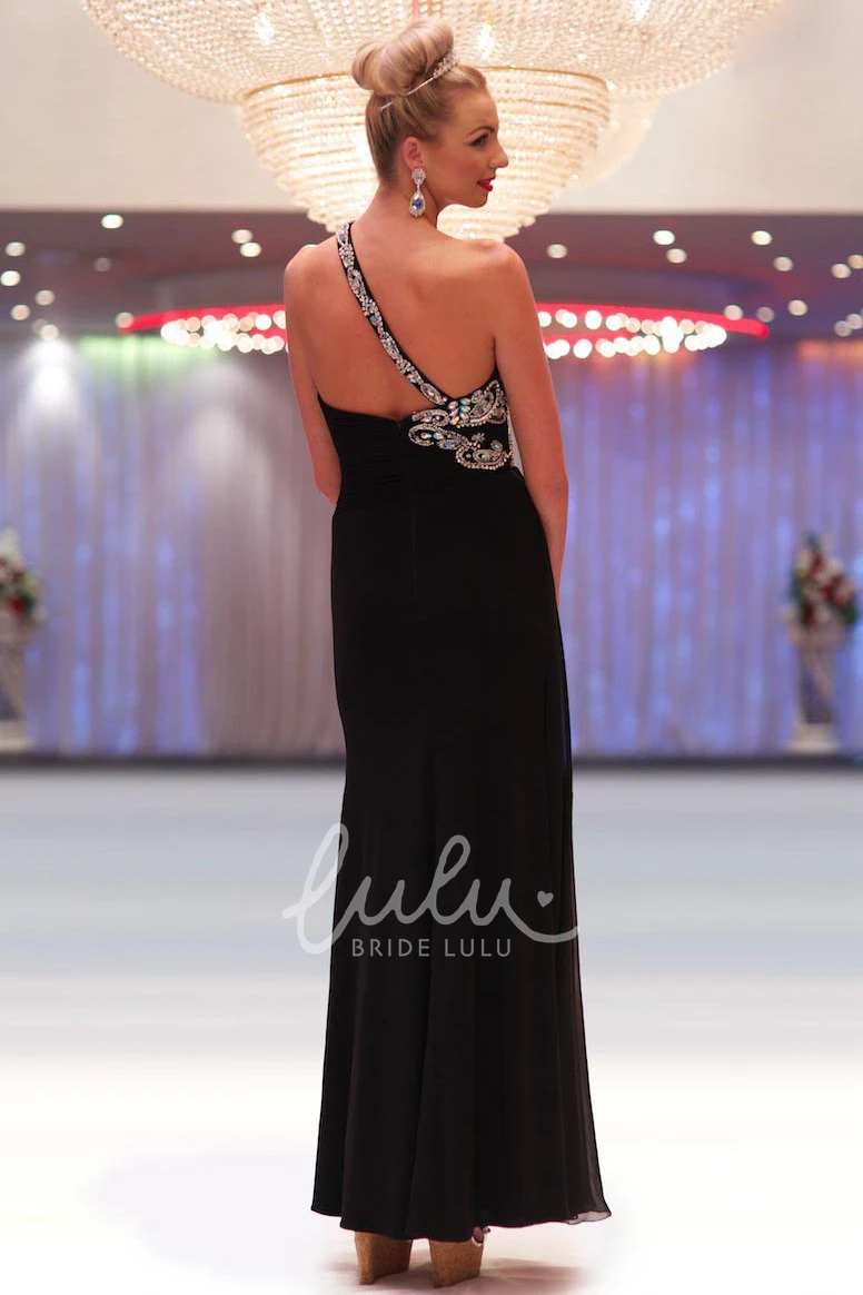 One-Shoulder Beaded Chiffon Prom Dress Sheath Maxi with Ruching and Split Front