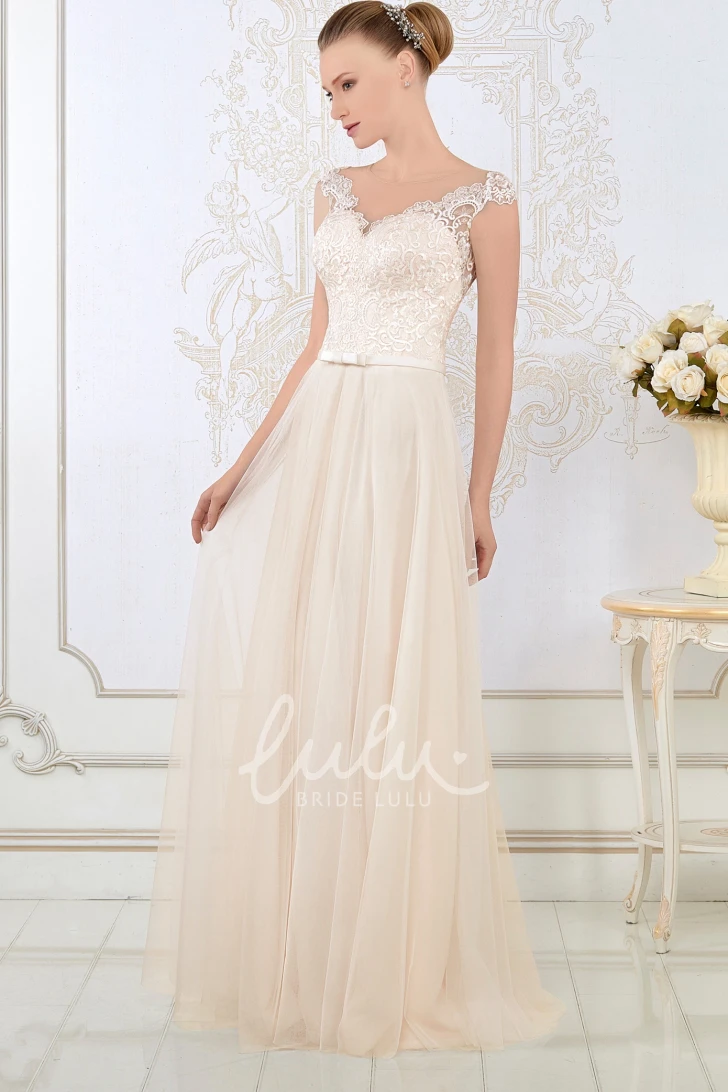 Cap-Sleeve Appliqued Tulle Sheath Wedding Dress V-Neck Floor-Length