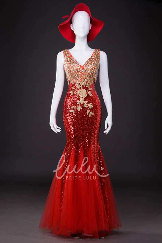 Sequined V Neck Tulle Dress Long Bridesmaid Dress