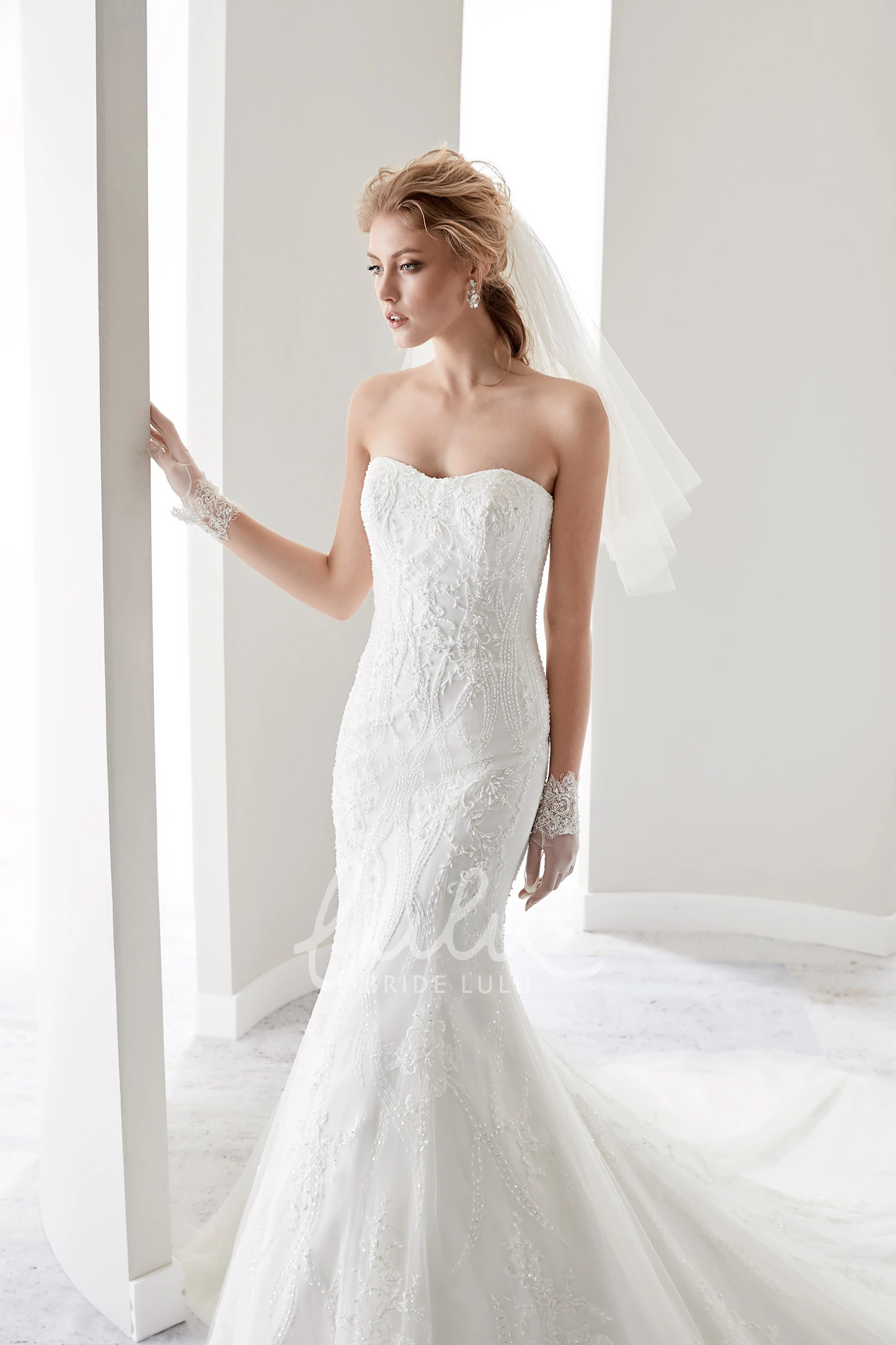 Strapless Lace Bridal Gown with Court Train and Half Back Classic Wedding Dress