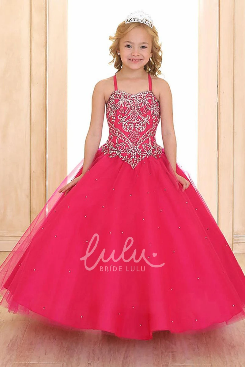 Beaded Tulle Flower Girl Dress with Corset Back Tiered Wedding Dress