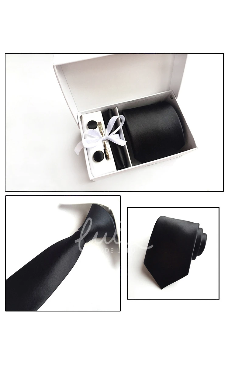 Satin Wide Tie and Pocket Square Combo Plus Cufflinks and Tie Clip Set-11 Color Options