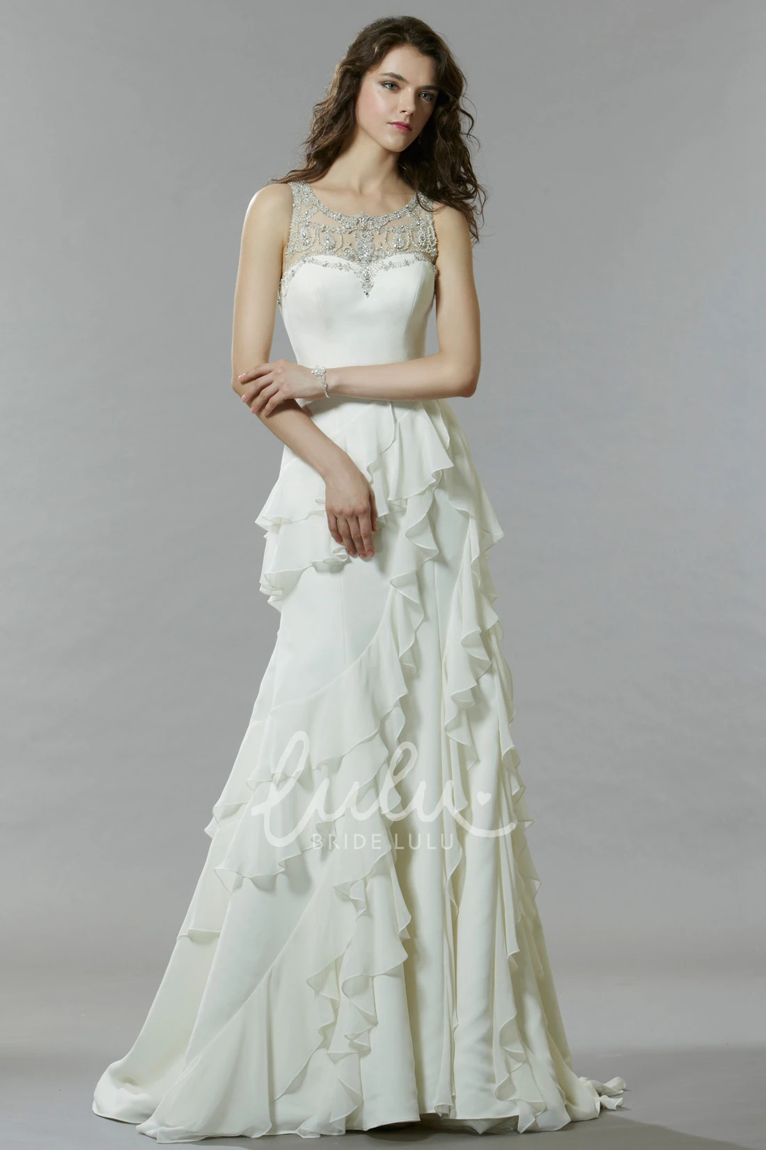 Cascading-Ruffle Satin&Chiffon Wedding Dress with Illusion Back Sheath Bridal Gown