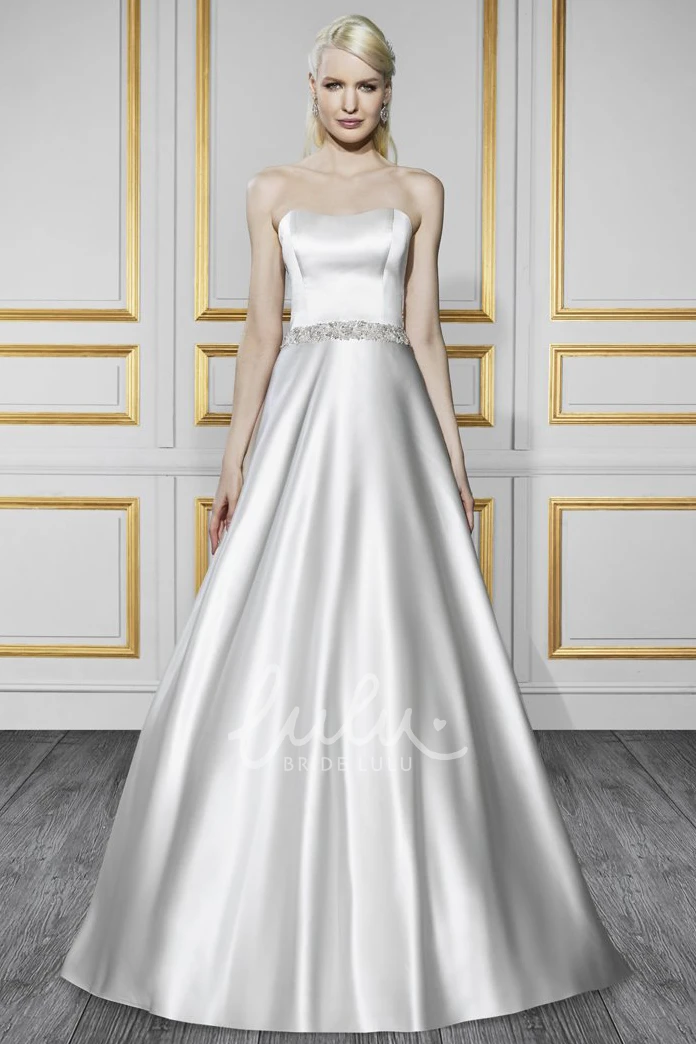 Jeweled Satin Strapless A-Line Wedding Dress with Bow and Backless Style Modern Bridal Gown
