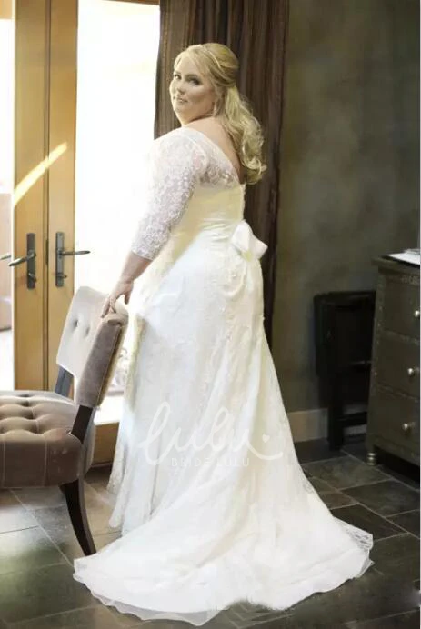 Plus Size Lace Wedding Dress with V-Neckline Long Sleeves and Lace-Up Back