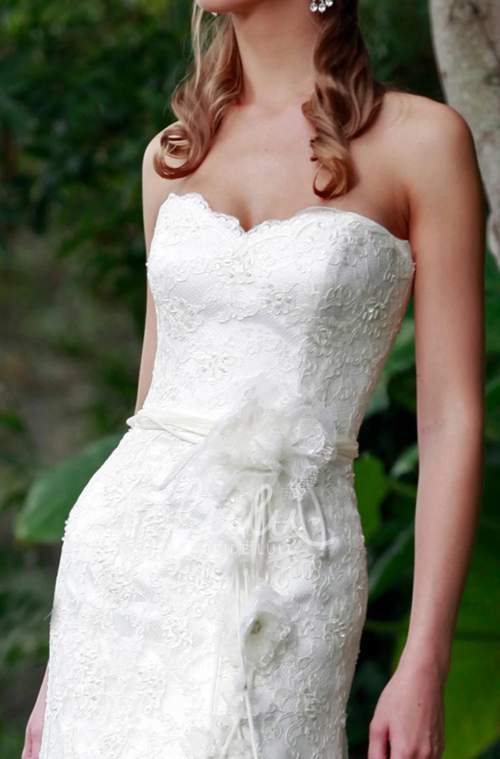 Strapless Lace Sheath Wedding Dress with Appliques Court Train and Flower Embellishment
