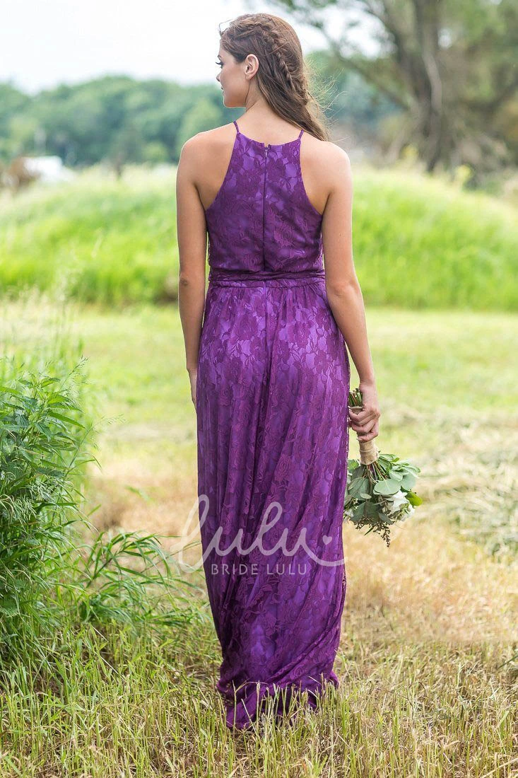 Halter Lace Long Bridesmaid Dress with Sash Elegant Lace Bridesmaid Dress