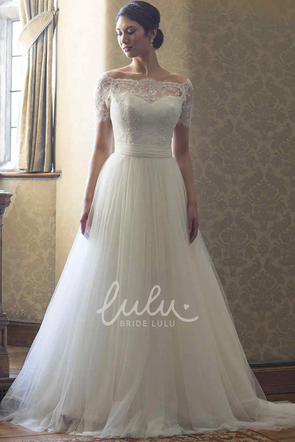 Illusion Beaded A-Line Wedding Dress Short-Sleeve Bateau-Neck Lace&Tulle