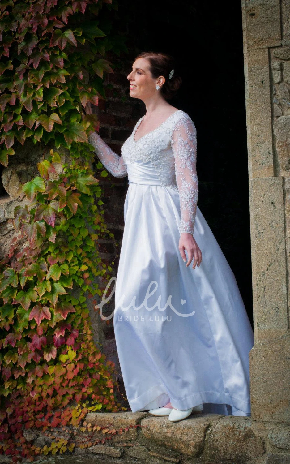 Lace Sleeve A-Line Taffeta Wedding Dress V-Neck