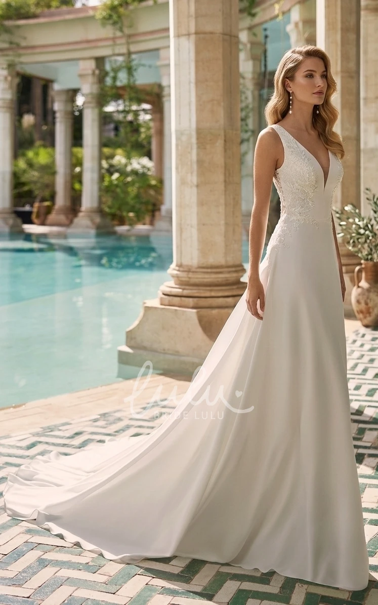 Ethereal Romantic Sheath Plunging Neckline Floor-length Chiffon Lace Spring Wedding Dress Sexy Elegant Appliques Sleeveless Deep-V Back with Button Zipper Bridal Gown
