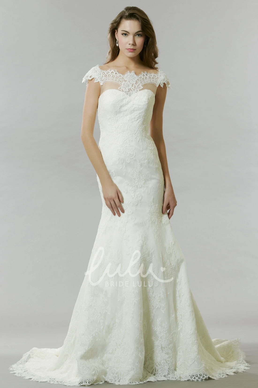 Lace Appliqued Cap Sleeve Wedding Dress with Court Train Elegant Bridal Gown