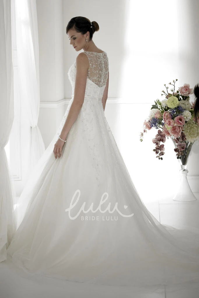 Beaded Tulle Wedding Dress with Illusion Back and Chapel Train Ball-Gown Sleeveless